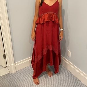 Deep red gorgeous cocktail dress! Ruffle under the bust with crochet.